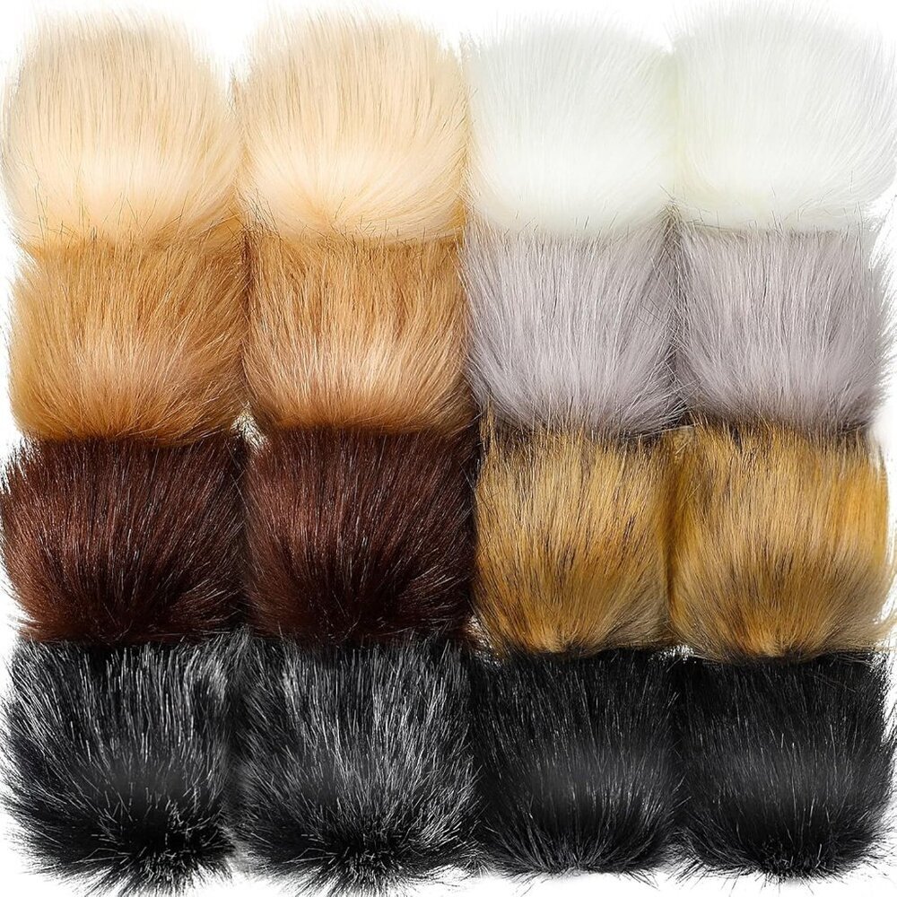 16 Pcs Faux Fur Pom Poms for Hat 4 Inches Large Fluffy Pom Balls for Crafts Knit